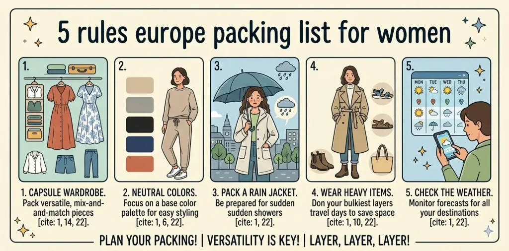 Five key packing rules illustration for Europe packing list for women