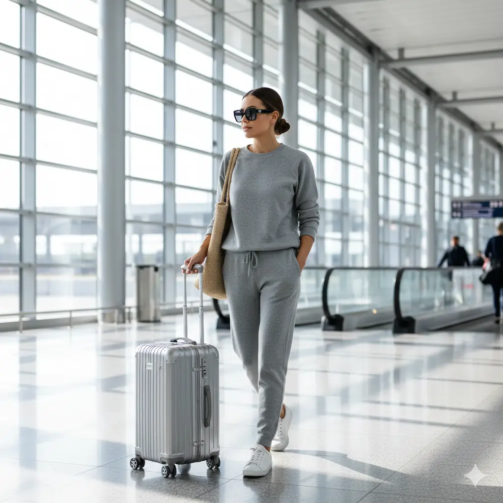 Neutral tracksuit airport outfit styled for Instagram travel photos