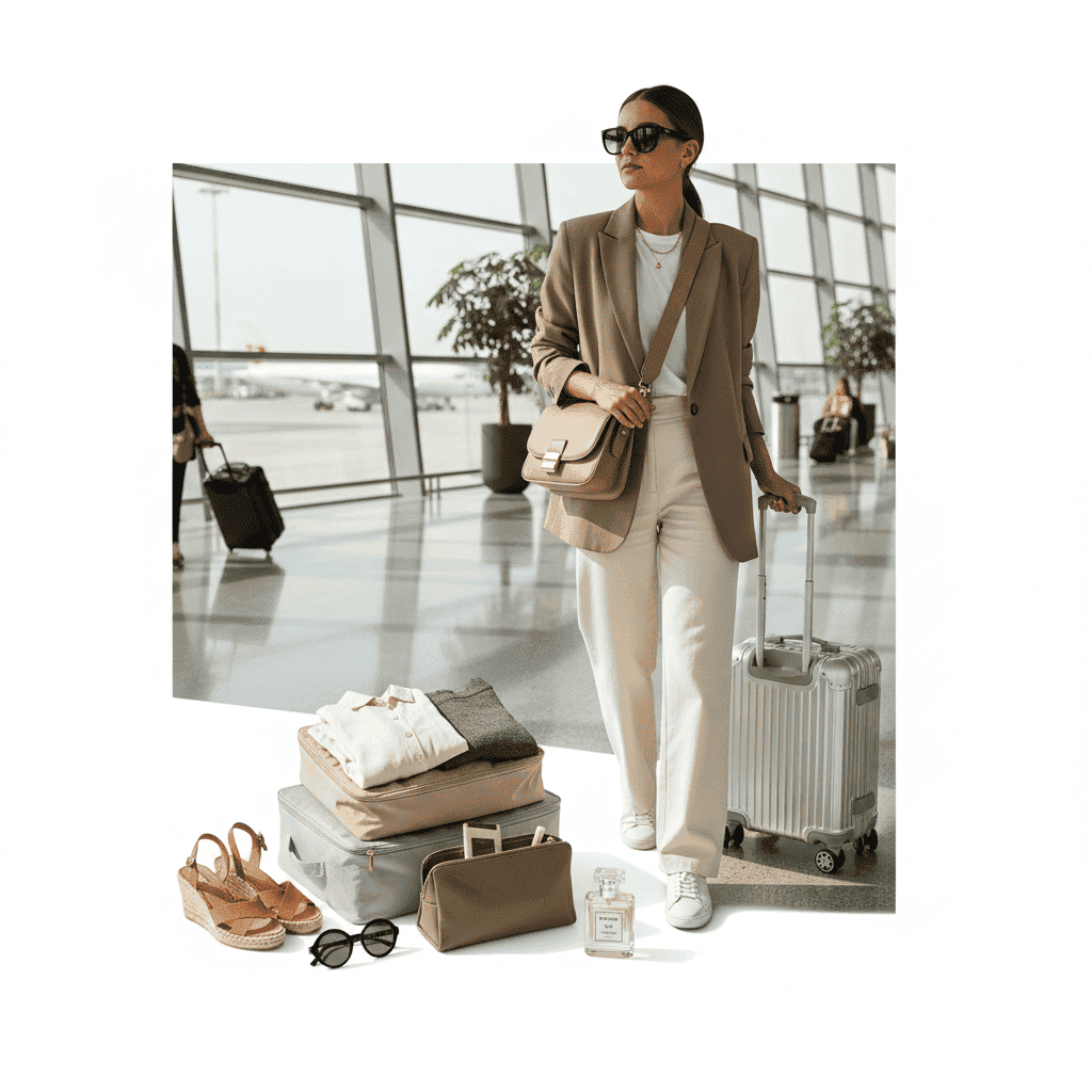 Stylish airport outfit showcasing travel essentials for women with blazer, white sneakers and cabin suitcase.