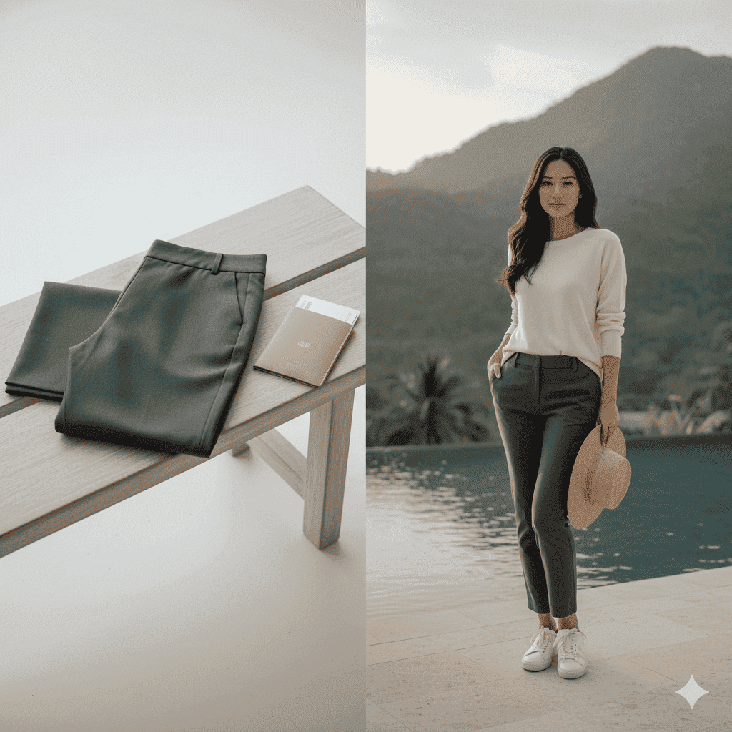 Premium comfortable travel pants for women styled in minimalist setting