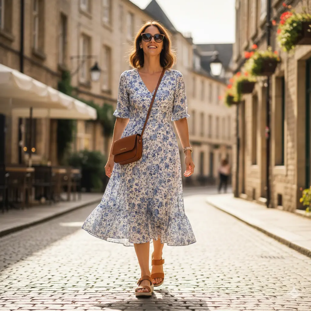 Best sandals for walking all day styled with summer travel outfit in a European street setting