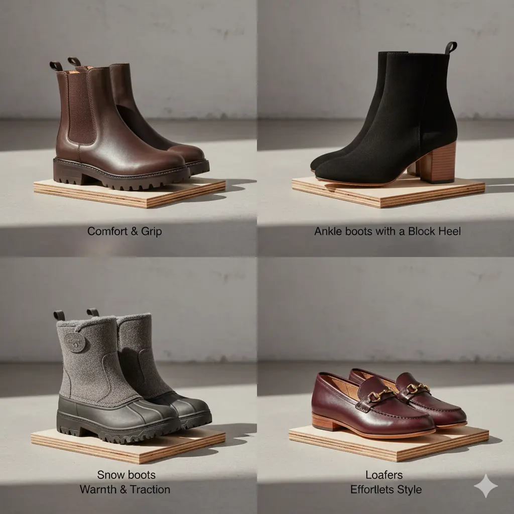 Chelsea boots, block heel ankle boots, snow boots, and loafers styled for winter travel in Europe.