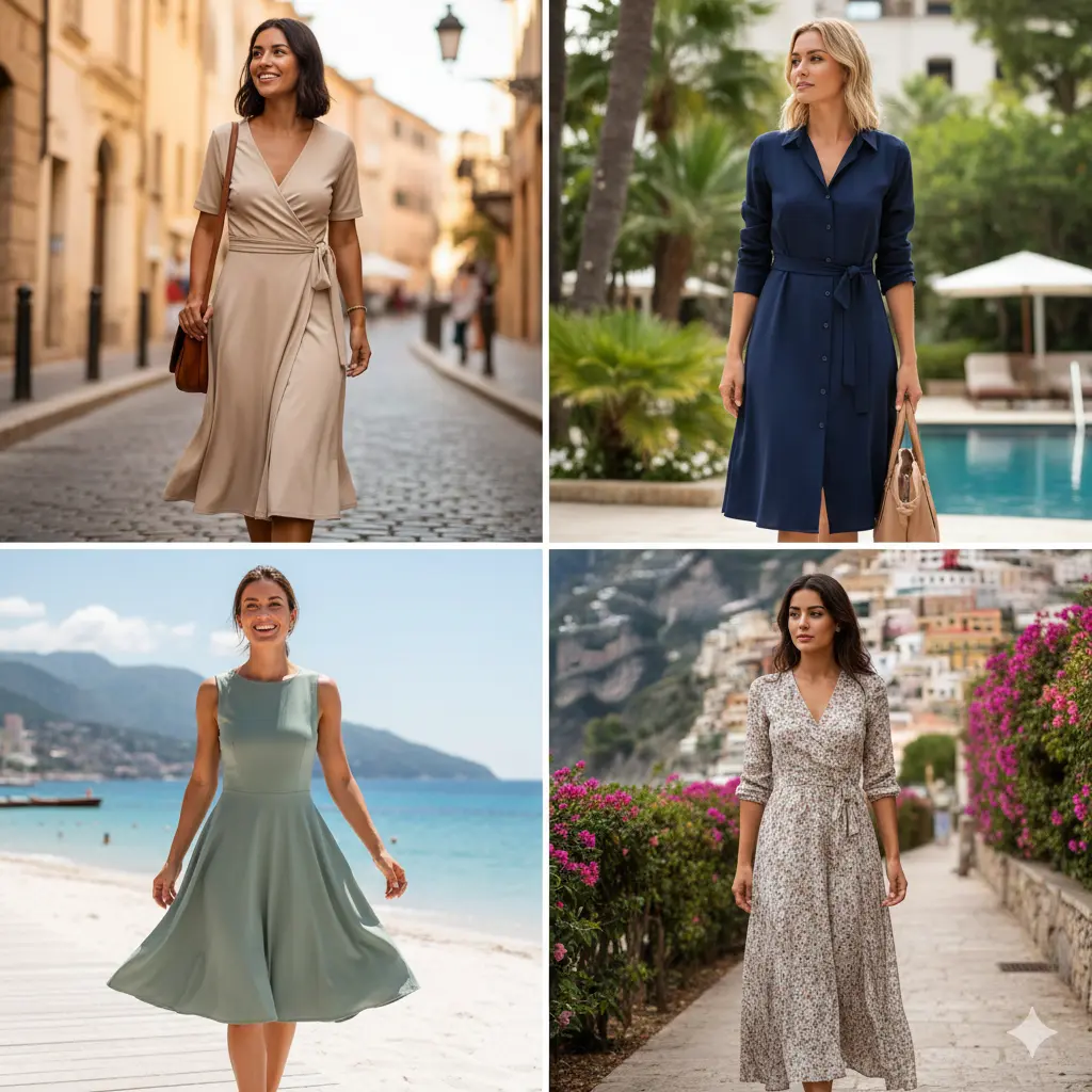 Wrap, shirt, fit-and-flare, and maxi wrinkle-free travel dresses