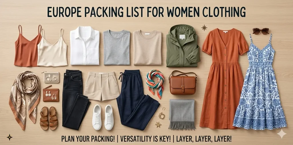Flat lay of women's clothing essentials for Europe packing list for women