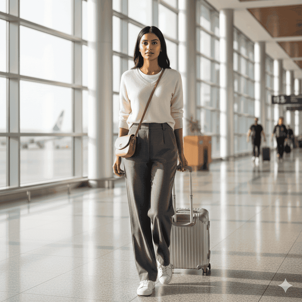Comfortable travel pants for women styled at airport with chic layered outfit