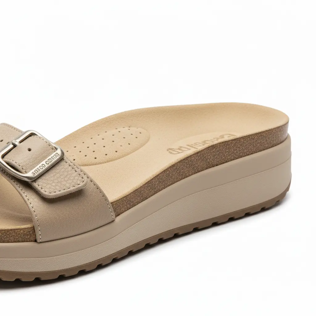 Cushioned sole detail of sandals designed for all-day walking comfort