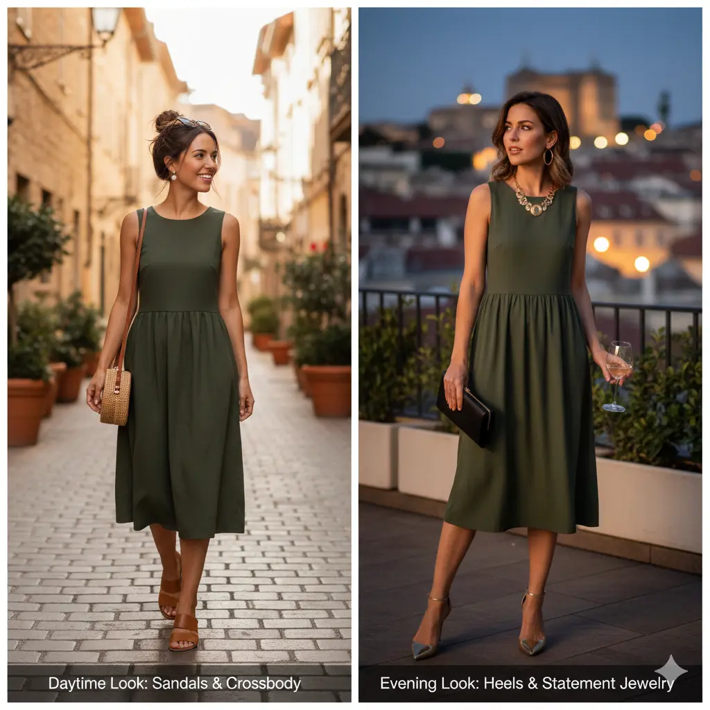 Wrinkle-free travel dress styled for day and evening