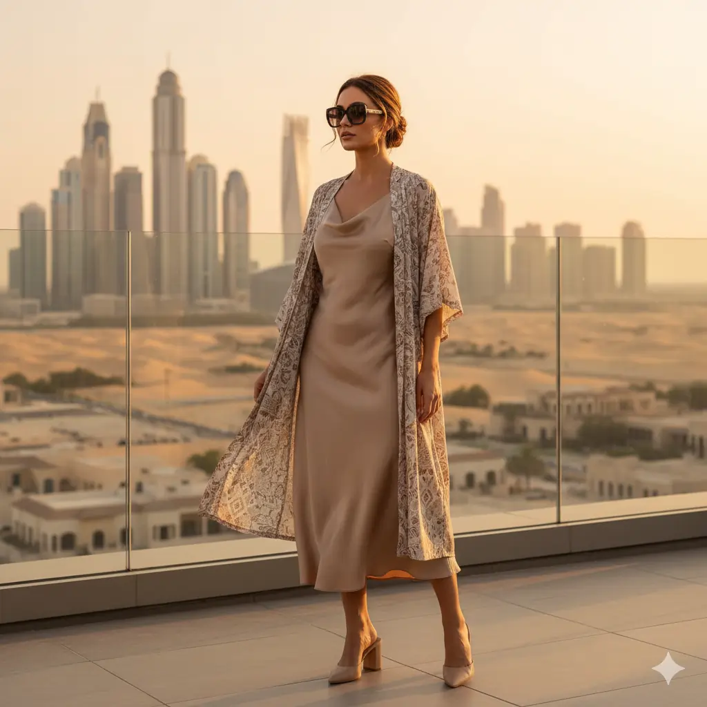 Modest glam travel outfit with satin midi dress styled in Dubai