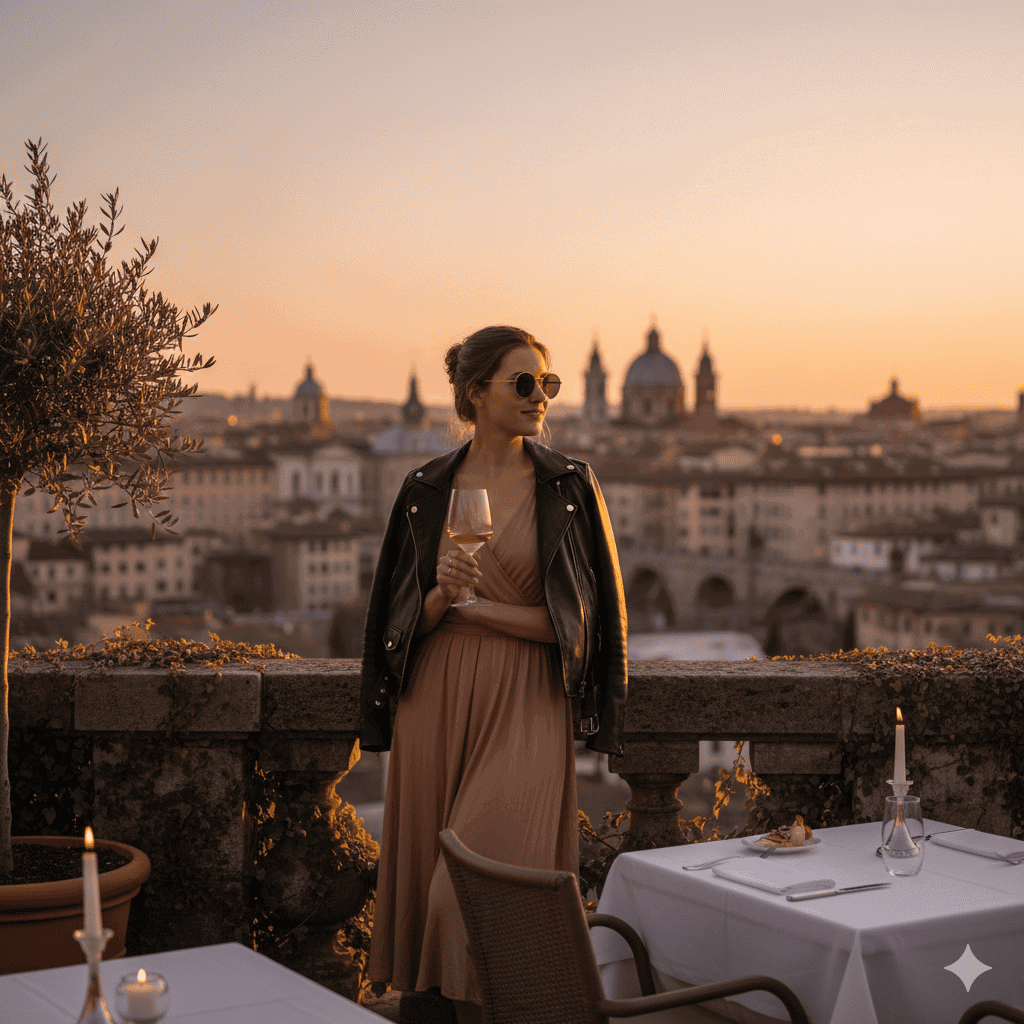 Europe sunset wearing midi dress