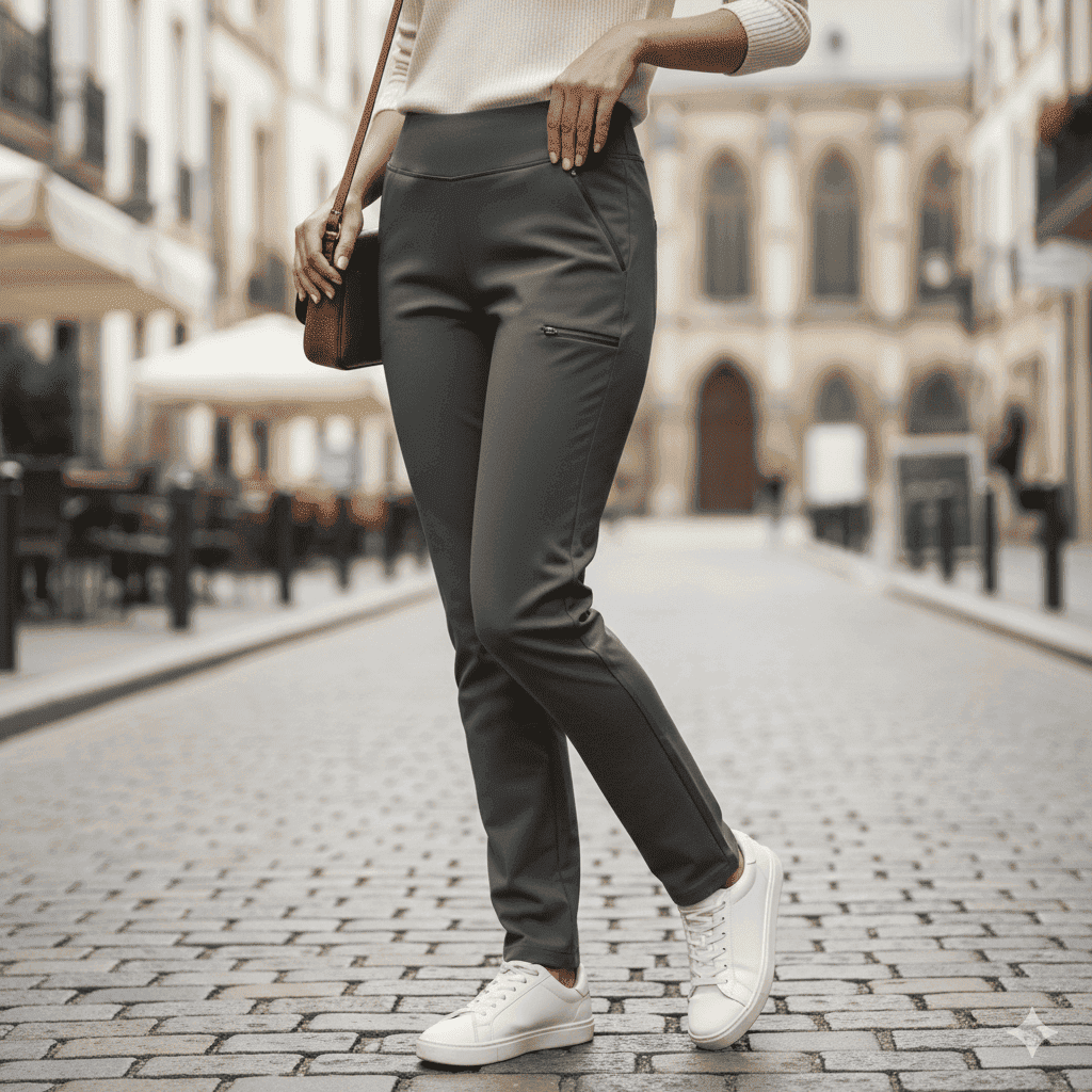Comfortable travel pants for women showing stretch waist and hidden pockets