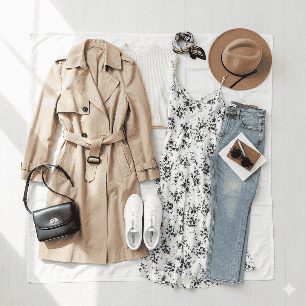 Flat lay of spring travel capsule wardrobe for Europe