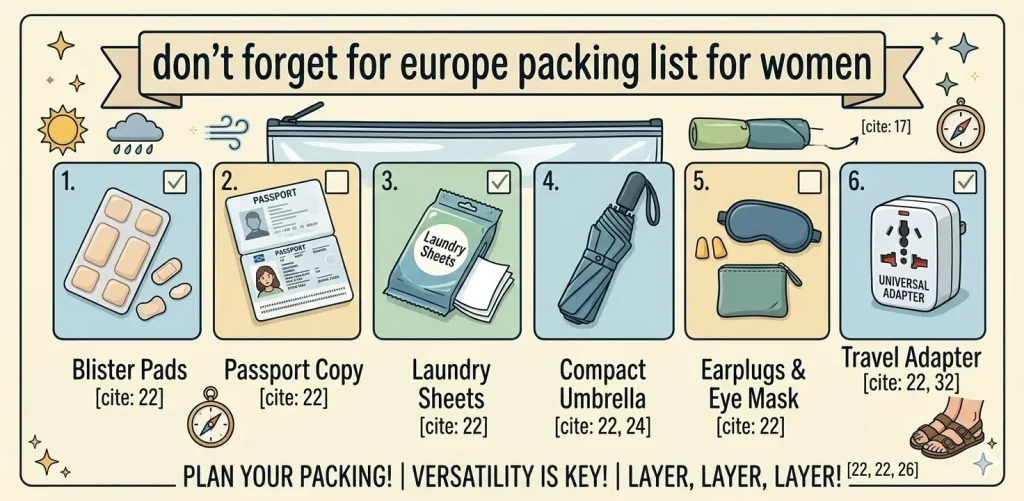 Checklist of commonly forgotten items for Europe packing list for women