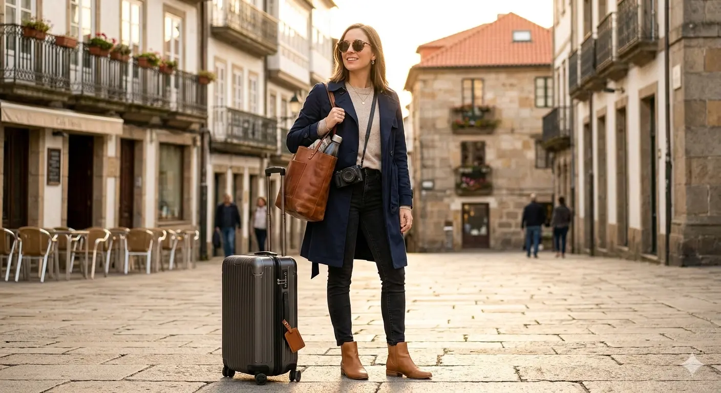 Woman traveler with suitcase and travel essentials in European street for europe packing list for women