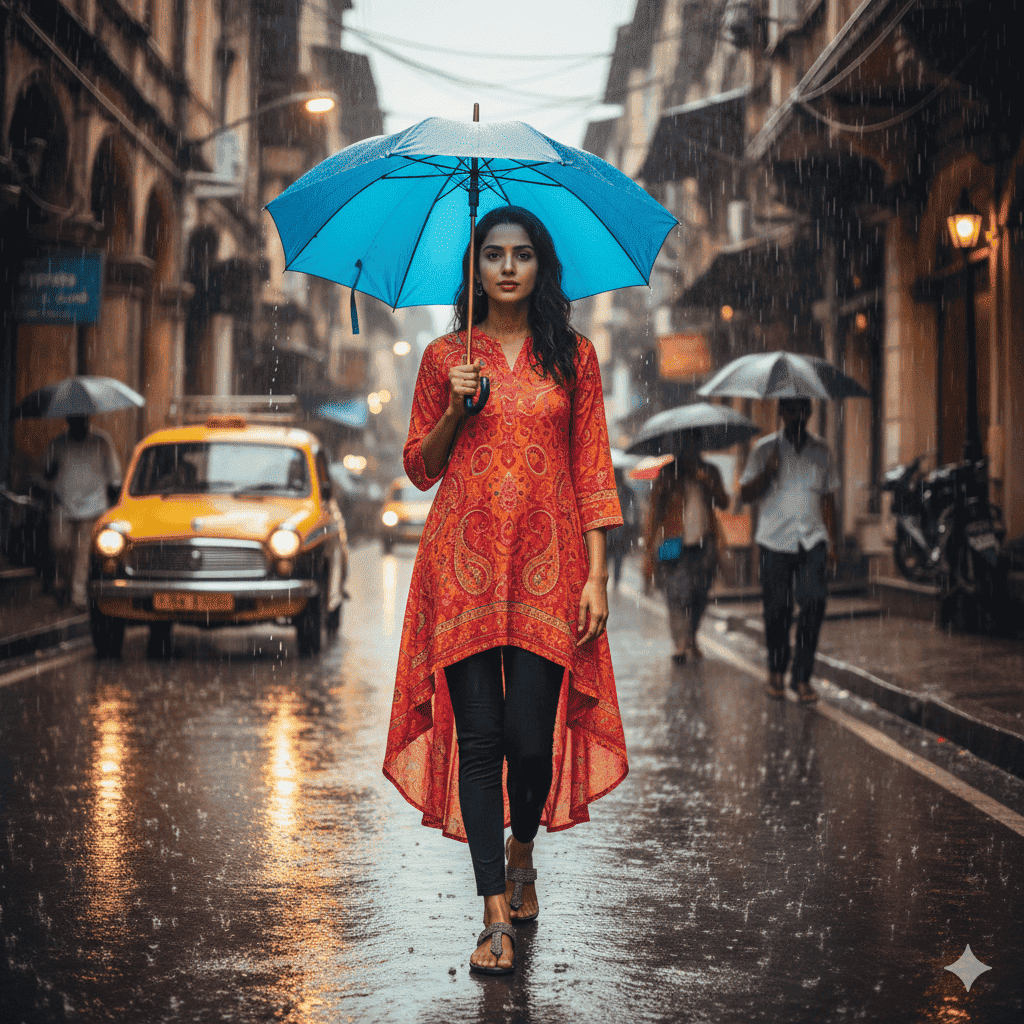 High-low tunic with ankle leggings perfect for modest monsoon travel outfits in India