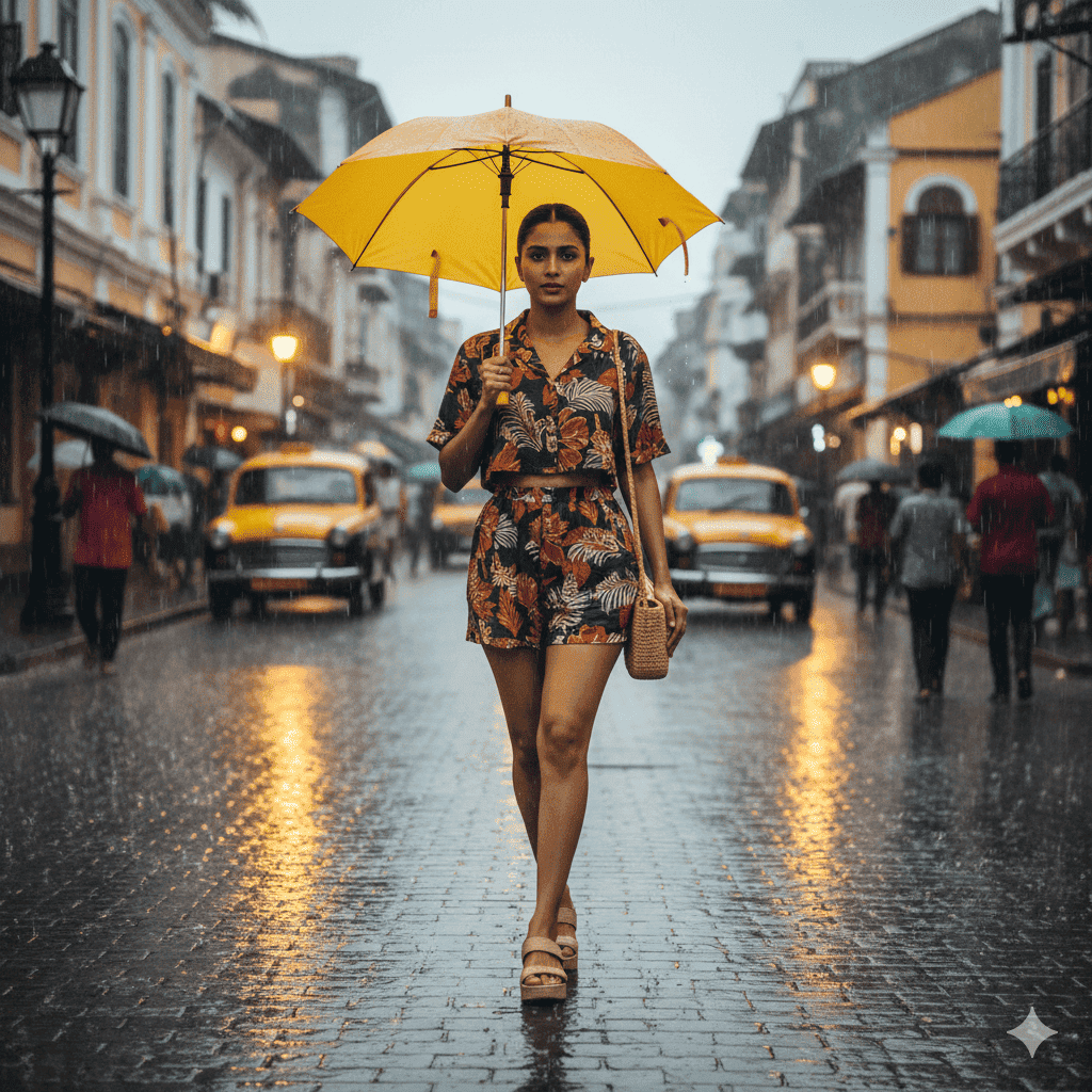 Tropical co-ord set ideal for monsoon travel outfits in India during a Goa getaway