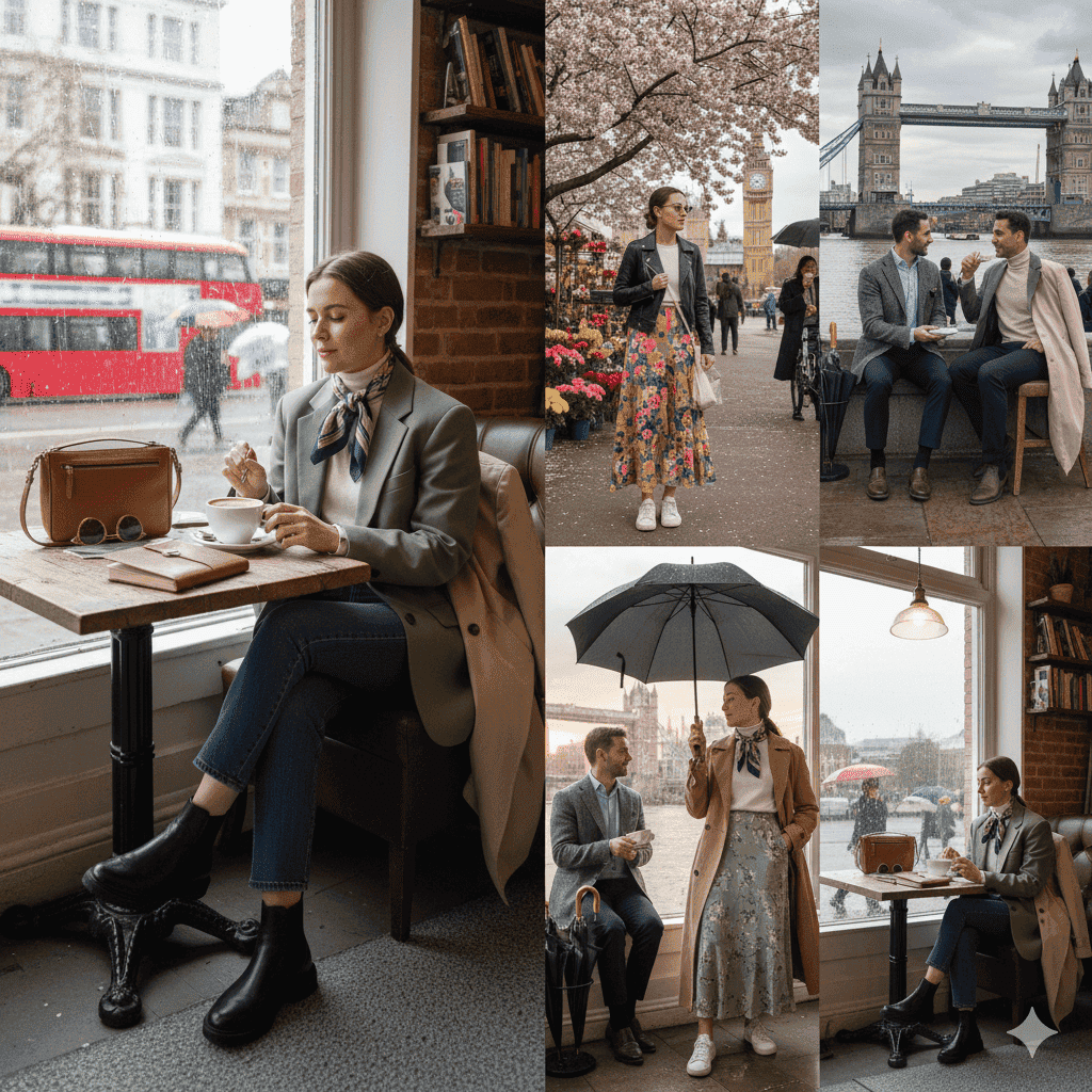 Layered spring outfit with sweater, blazer and trench coat for London in April