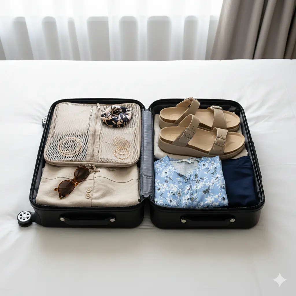Lightweight walking sandals packed inside a travel suitcase