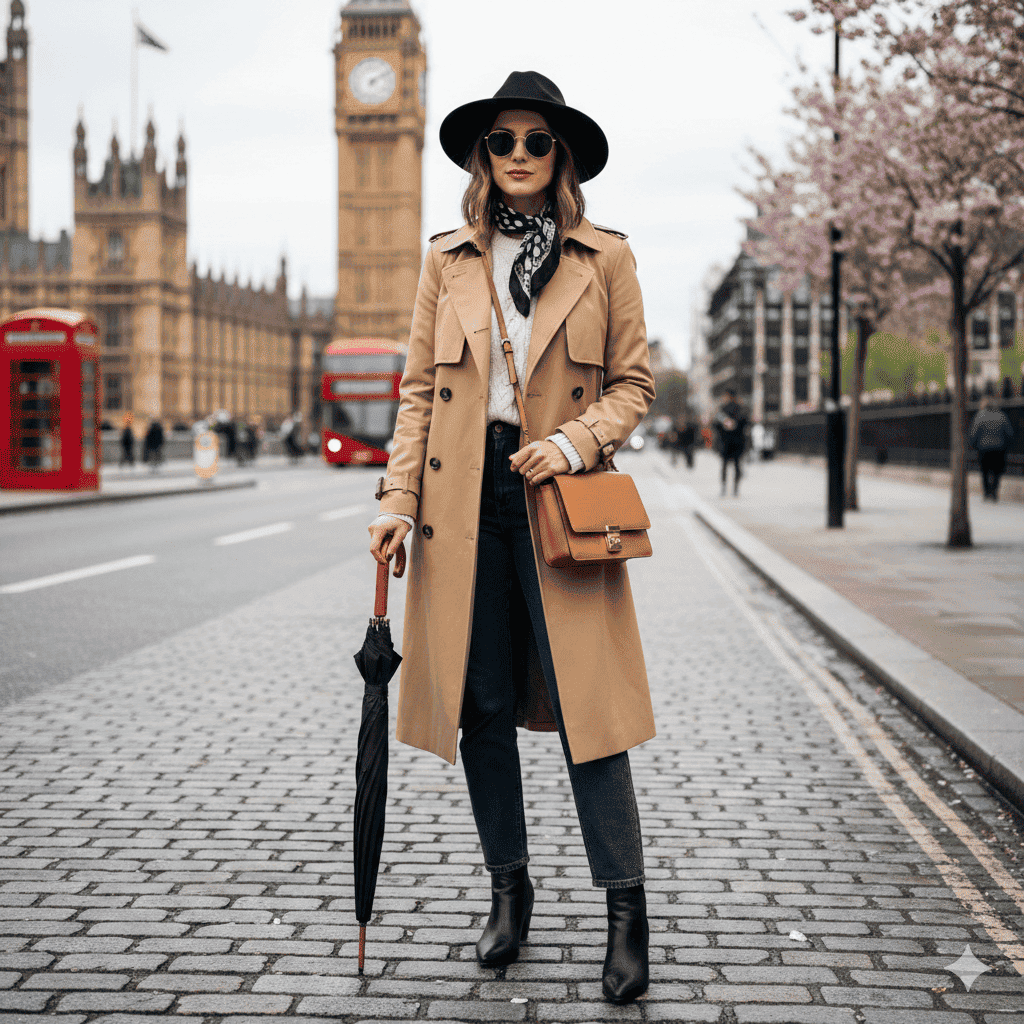 Spring accessories for London in April including scarf sunglasses and umbrella