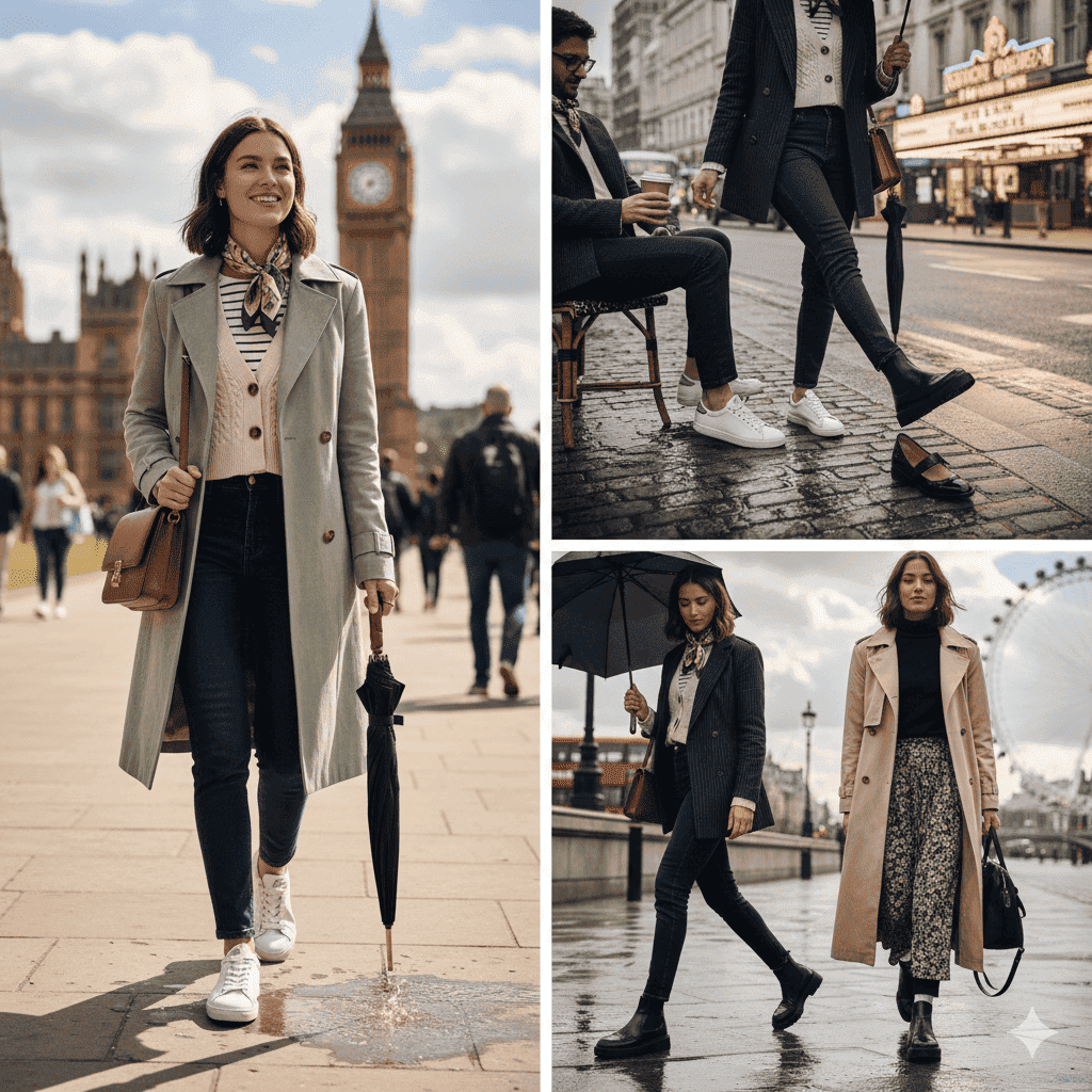 Woman wearing beige trench coat and jeans in London during April spring weather