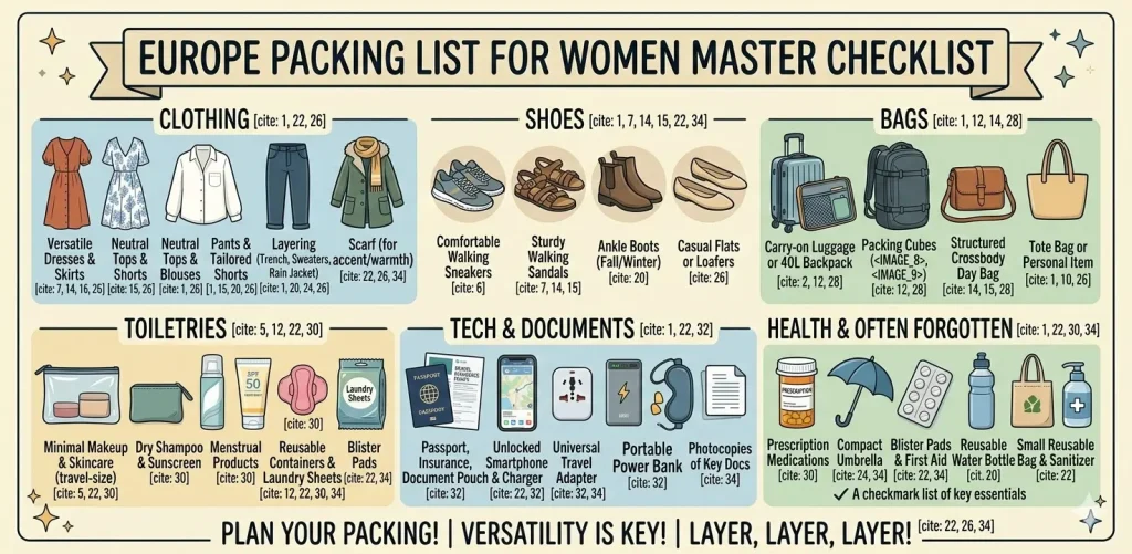 Master checklist for Europe packing list for women