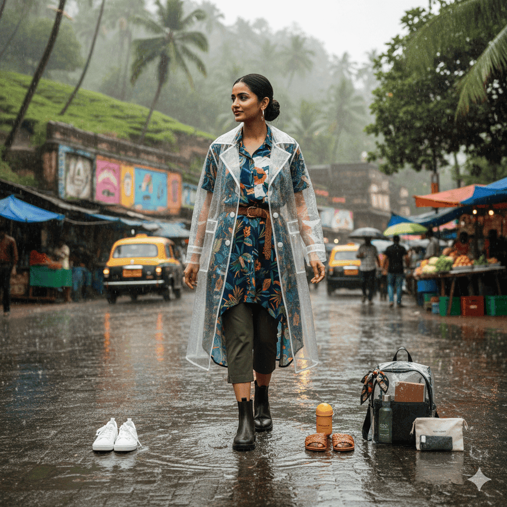 Midi dress with rain jacket styled for monsoon travel outfits in India