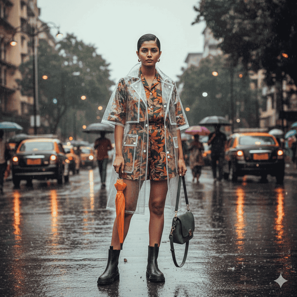 Monsoon travel outfits in India featuring a chic waterproof trench coat and wide-leg pants during rainy season