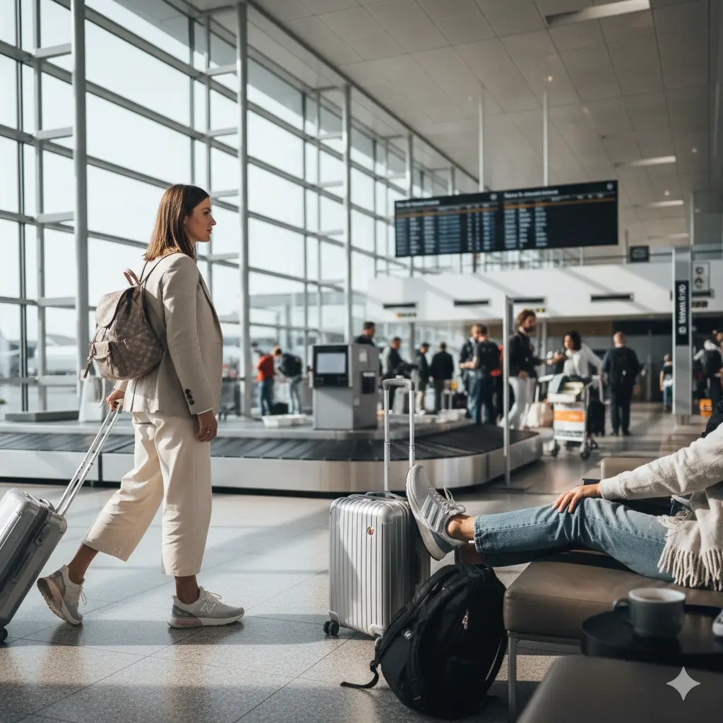 New Balance 990v6 sneakers styled for comfortable airport travel