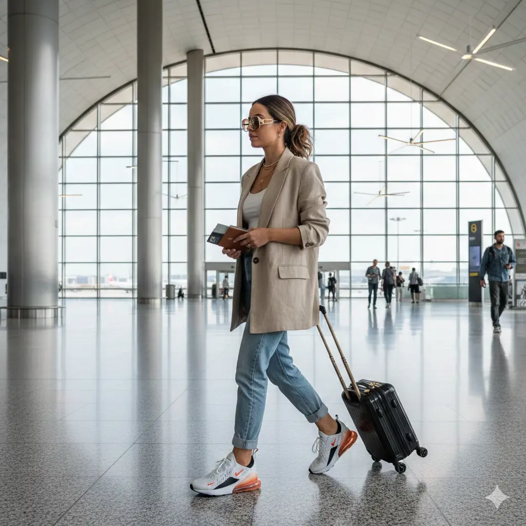 Nike Air Max 270 sneakers worn by a traveler walking through an airport terminal