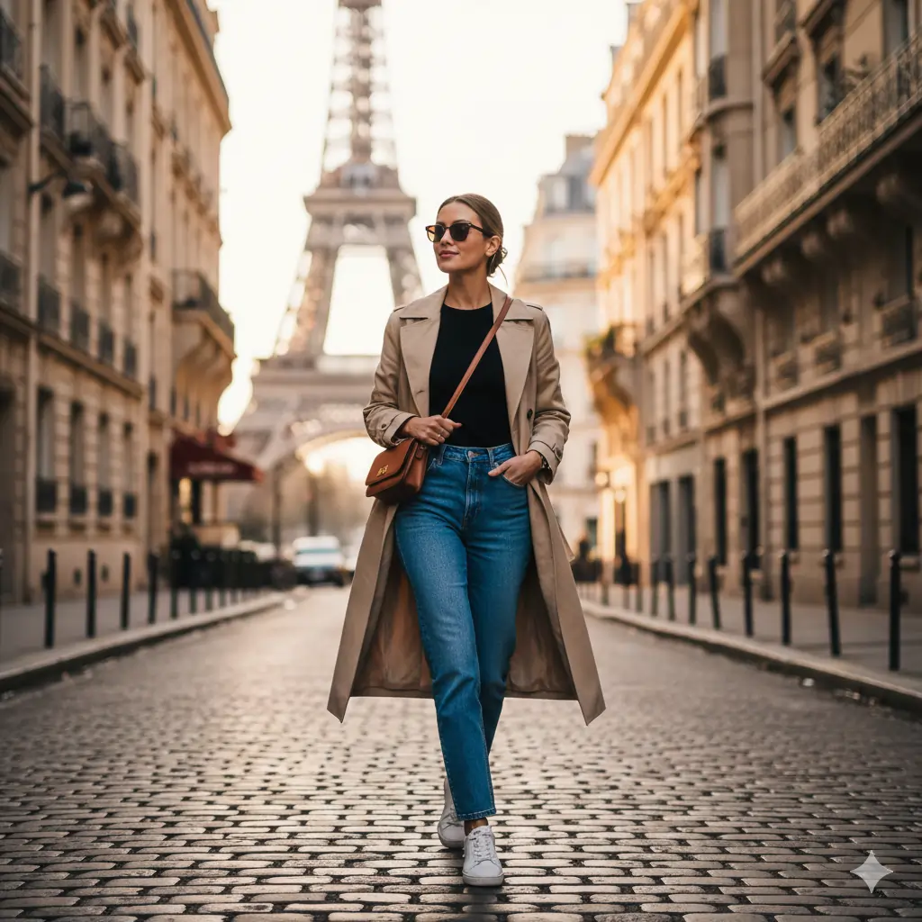 Chic Paris travel outfit with beige trench coat and straight-leg jeans on cobblestone street