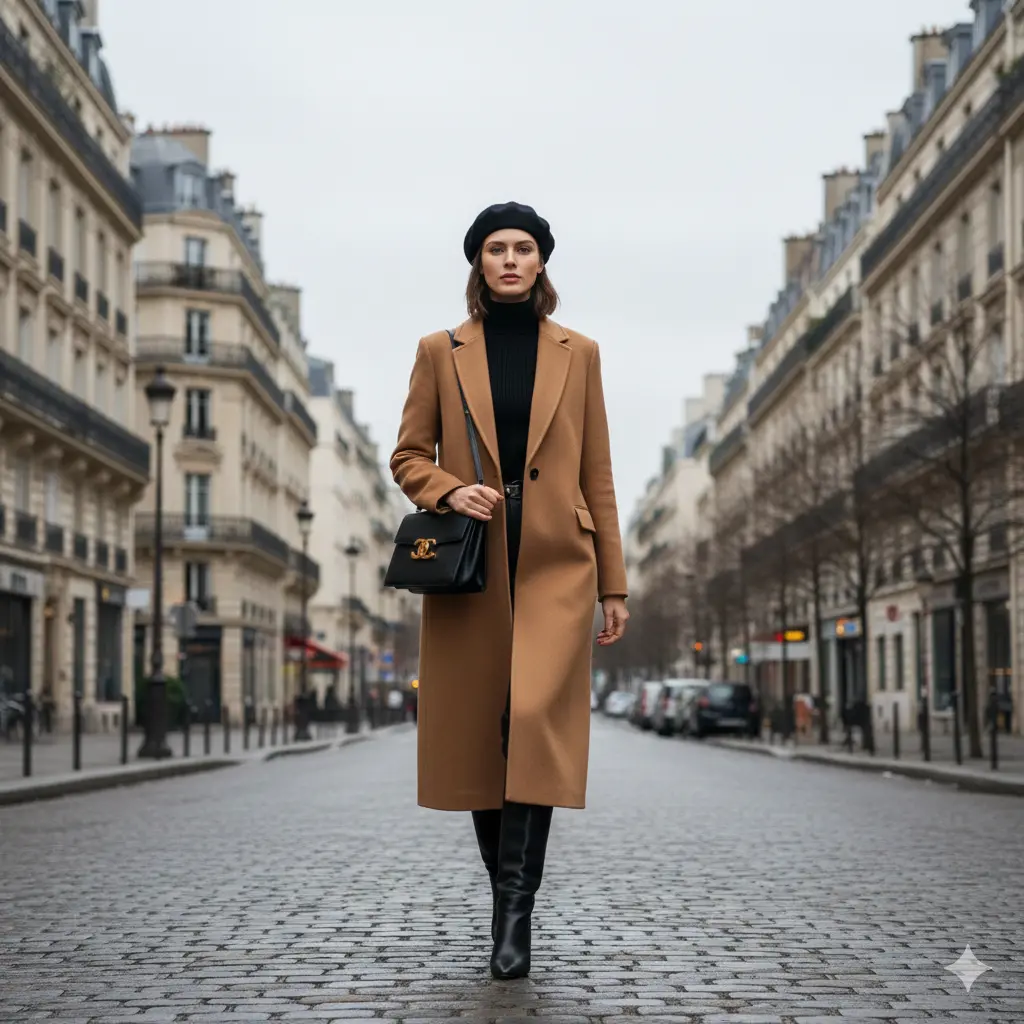 Paris winter travel outfit with long coat and boots