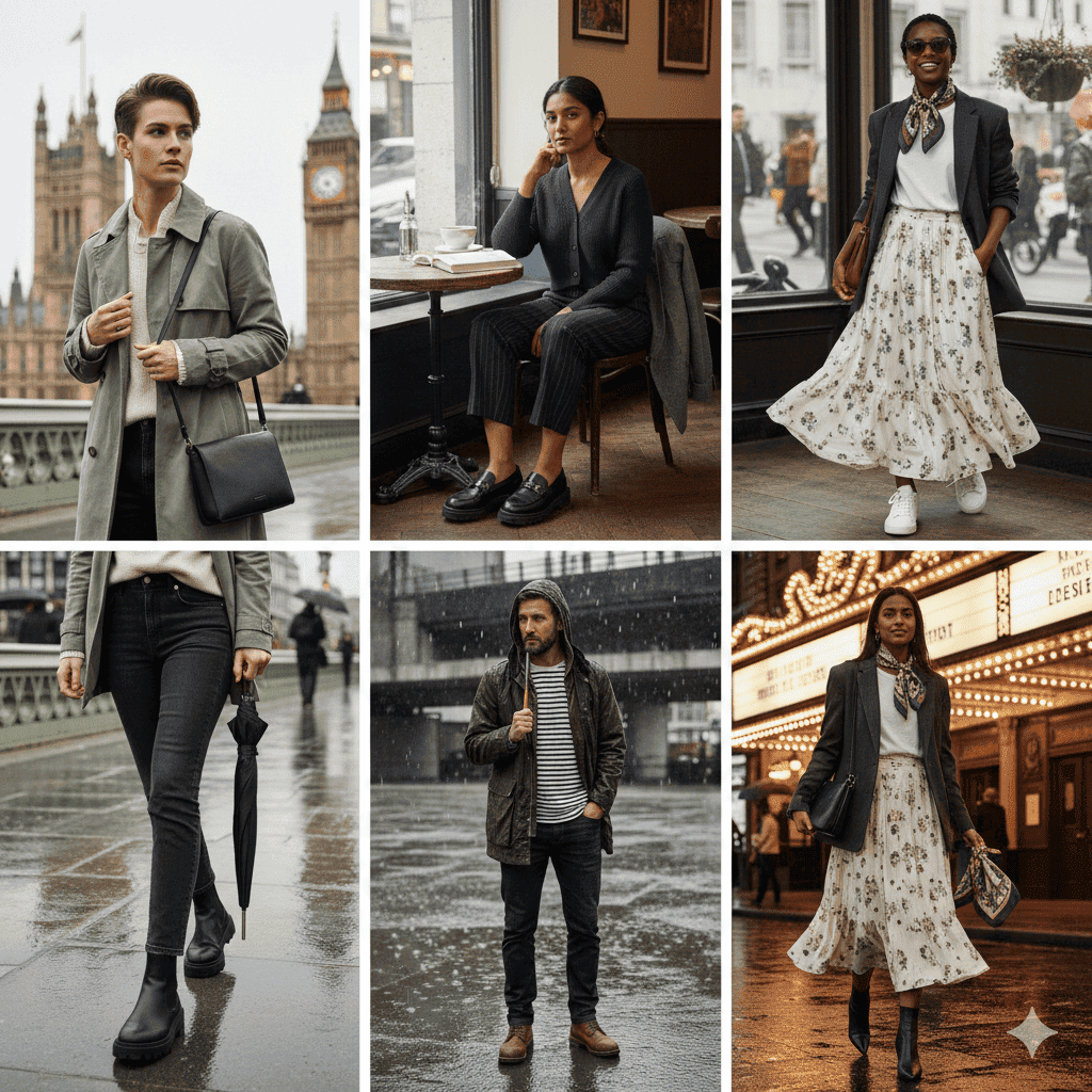 Water-resistant trench coat and umbrella for rainy April day in London
