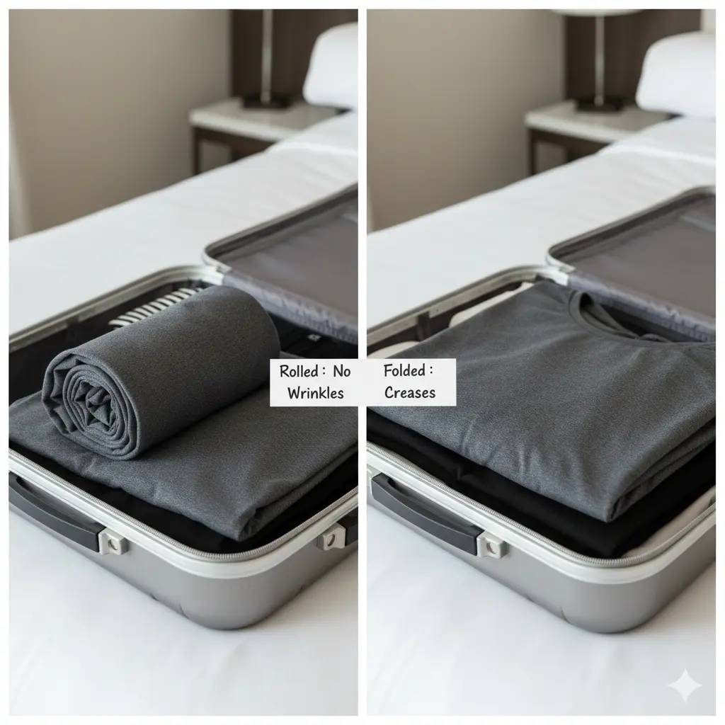 Rolled travel dress stays wrinkle-free compared to folded