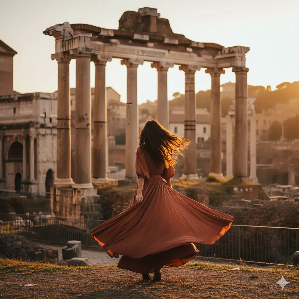 Terracotta maxi dress styled for Instagram photos in Rome at sunset
