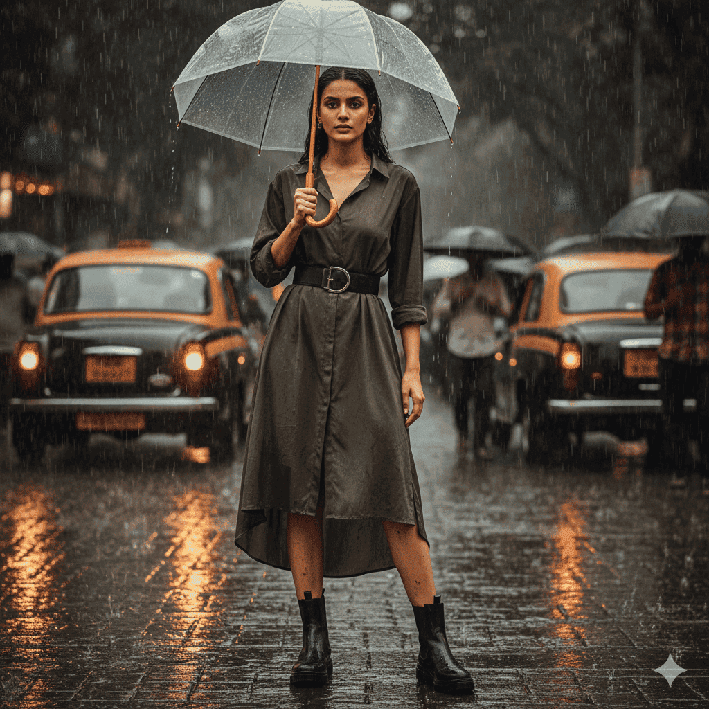 High-low shirt dress styled as a chic monsoon travel outfit in India