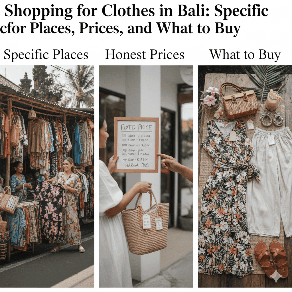 Shopping for clothes in Bali at local boutiques in Seminyak and Cangguwith women browsing summer dresses and resort wear