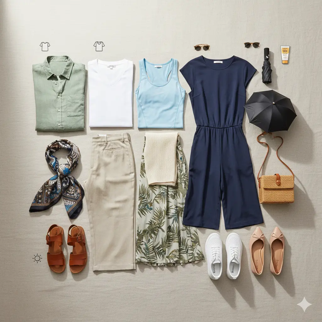 A flat lay of Singapore travel essentials featuring a sage green linen shirt, beige trousers, a navy jumpsuit, walking sandals, a compact umbrella, and sun protection on a neutral background.