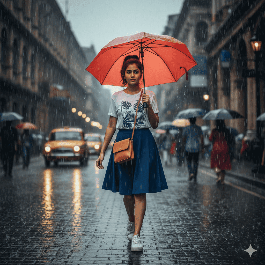 Knee-length skater skirt styled with graphic tee for humid monsoon travel in India