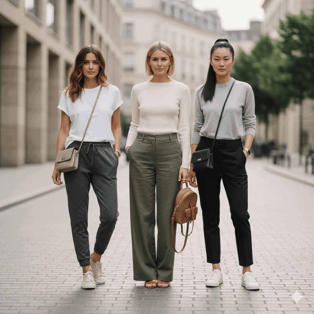 Different styles of comfortable travel pants for women including joggers and wide leg