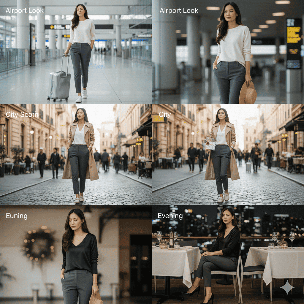 Comfortable travel pants for women styled for airport city sightseeing and dinner