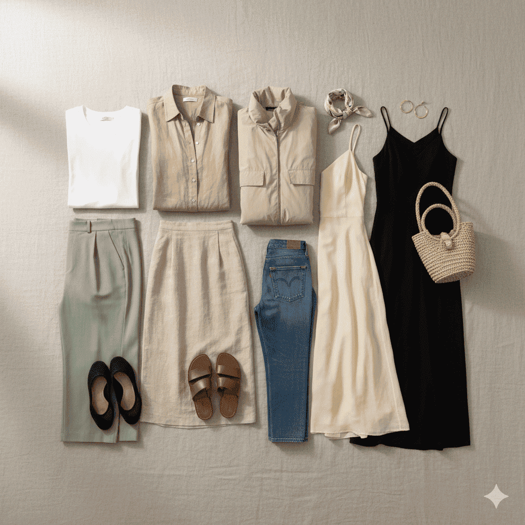 12-piece Summer Travel Capsule Wardrobe for Women flat lay checklist with neutral and accent colors