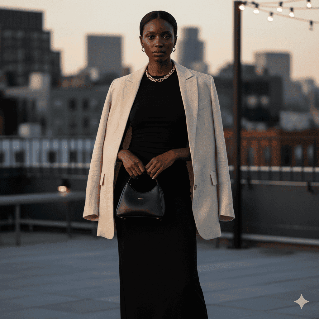 Evening look from a Summer Travel Capsule Wardrobe for Women featuring black maxi dress and linen blazer