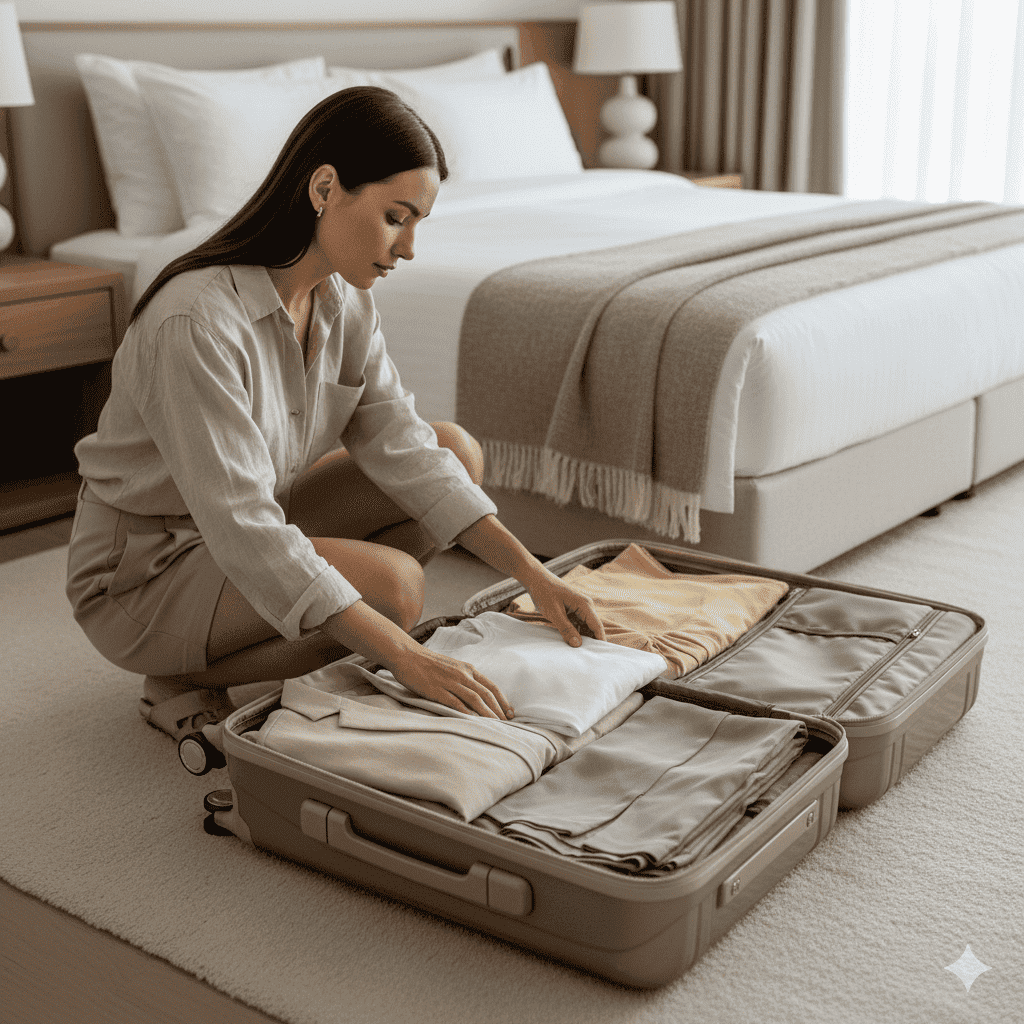 Summer Travel Capsule Wardrobe for Women packed inside a carry-on suitcase with neutral tones and vanilla yellow accents