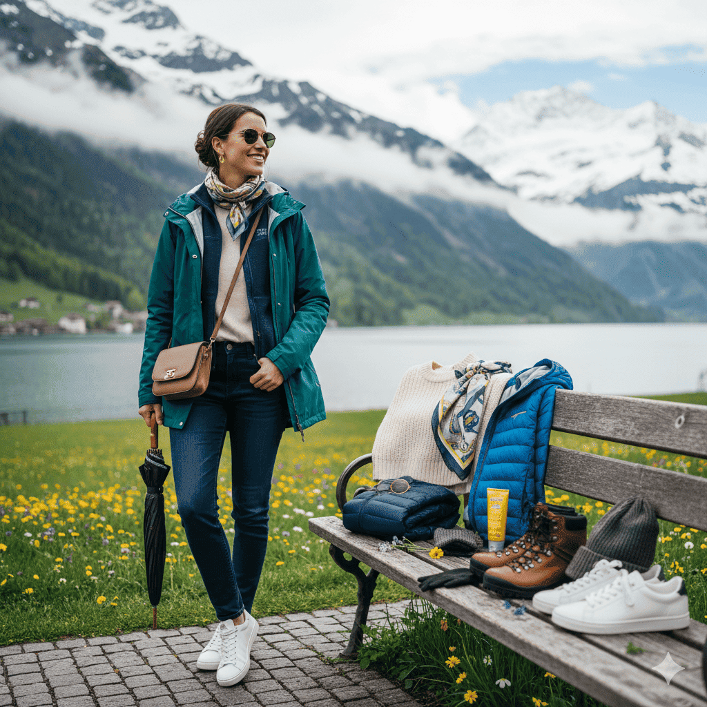 Essential accessories for what to wear in Switzerland in May including scarf and sunglasses