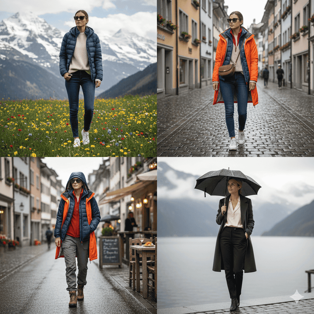 Waterproof jacket outfit example for rainy days in Switzerland in May