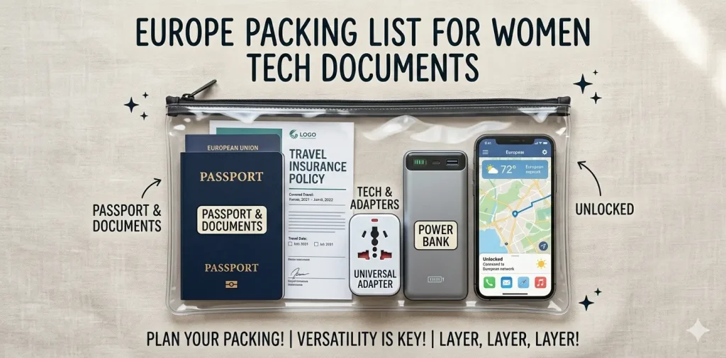 Travel tech and document essentials for europe packing list for women