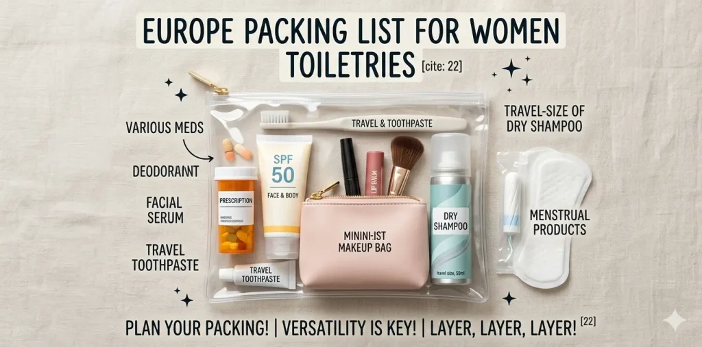 Travel toiletries essentials for Europe packing list for women
