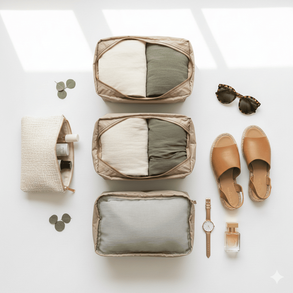 Flat lay of travel essentials for women including packing cubes, folded clothes, sandals, sunglasses and cosmetic pouch.