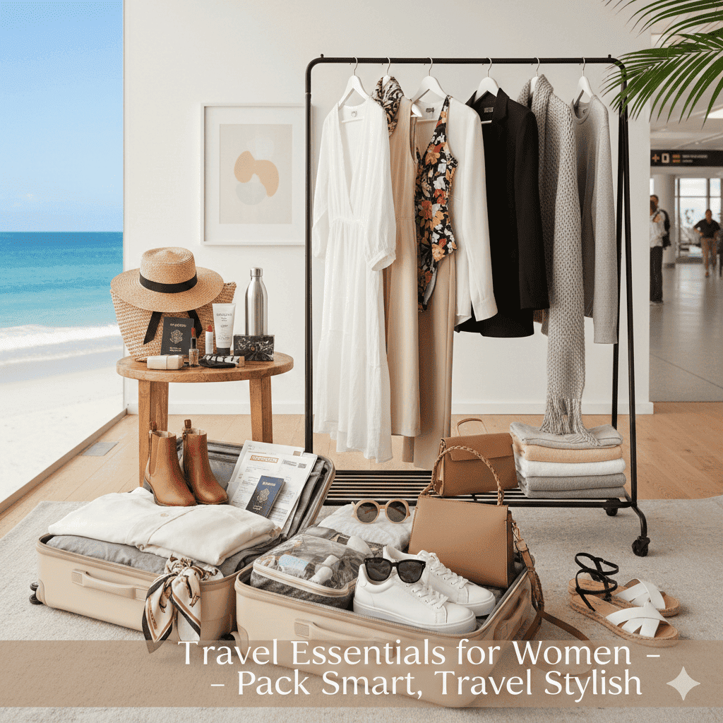 Travel essentials for women arranged stylishly with suitcase, sneakers, skincare products, sunglasses and handbag on a neutral background.