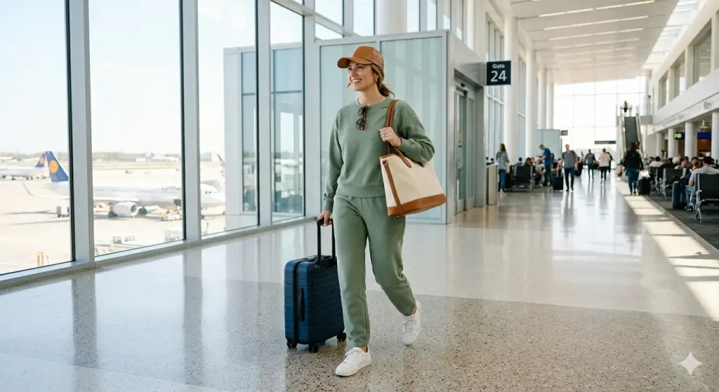 sage green matching tracksuit at airport — styled travel day outfit for Instagram