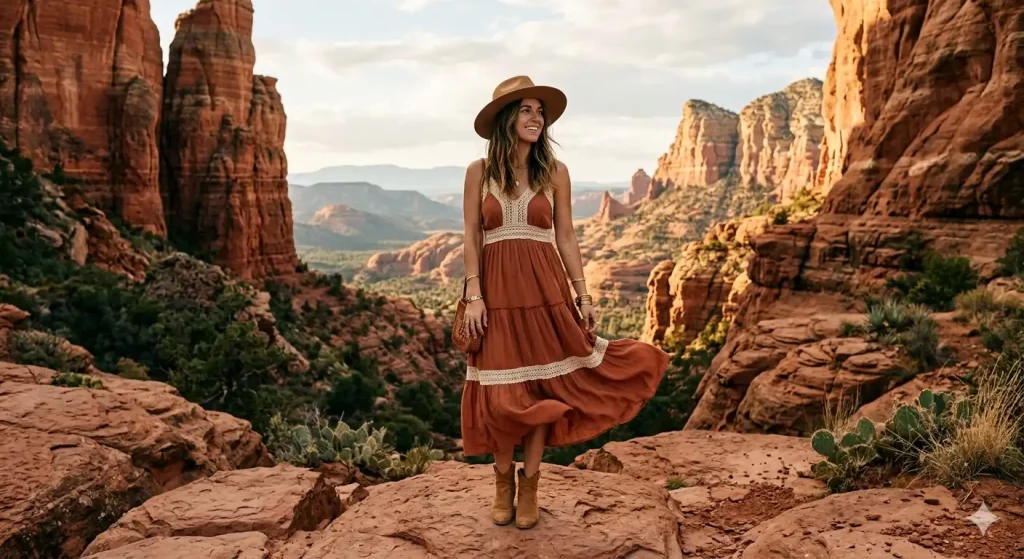 rust boho dress in desert rock landscape — Sedona travel outfit for Instagram